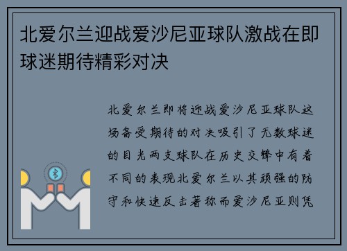 北爱尔兰迎战爱沙尼亚球队激战在即球迷期待精彩对决